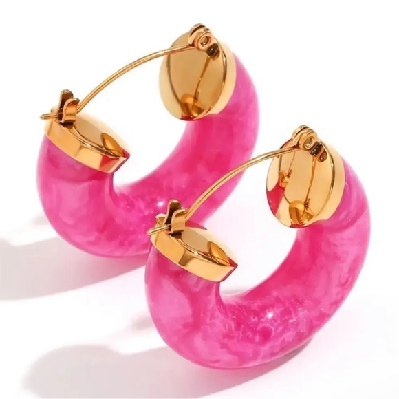 Anthropologie 18K Gold Stainless Steel Pink Hoop Earrings - Picture 9 of 9